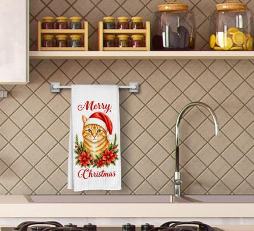 Merry Christmas Orange Cat Kitchen Dish Towels Dishcloth 16x24 Inches