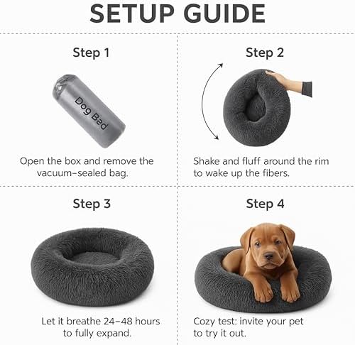 Calming Dog Bed - Fluffy Donut Cuddler for Anxiety Relief, Orthopedic Pet Bed with Non-Slip Bottom, Cozy Round Faux Fur Nest for Dogs and Cats, Plush Crate Mat for Comfort (Dark Grey, X-Large)