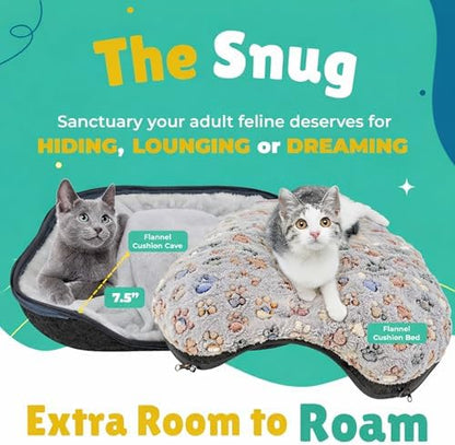 RINGTAIL Peekaboo Cat Cave Donut for Multiple & Large Cats Up to 30-45 lb, 3-in-1 Self Warming Cat Bed Tunnel with 2 Soft Fluffy Fleece Pet Blankets, Scratch, Detachable & Washable (Dark Gray, Large)