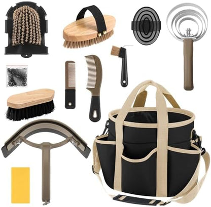 Abbylike 12 Piece Horse Grooming Kit with Organizer Tote Bag Brush Sets for Derby Day Show Horses Professional Tools for Care & Massage(Black and Dark Grey)