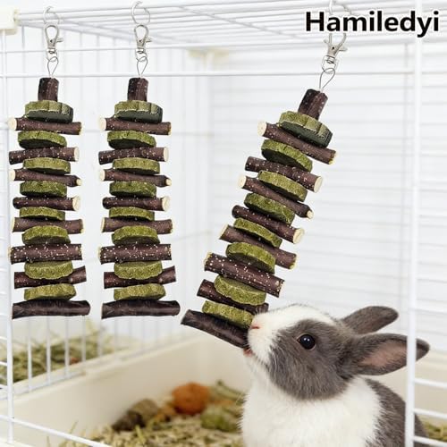 Hamiledyi 3Pieces Bunny Chew Toys for Teeth Natural Fruit Twigs Handmade Timothy Alfalfa Hay Grass Cakes for Guinea Pigs Hamsters Dwarf Rabbits Chinchillas Gerbils Improves Dental Health