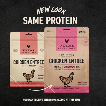Vital Essentials Freeze Dried Cat Food, Raw Chicken Crunchy Nibs Complete Meal or Mixer High Protein, Low Carb, Grain Free, Dry Cat Food 12 oz, (Pack of 2)