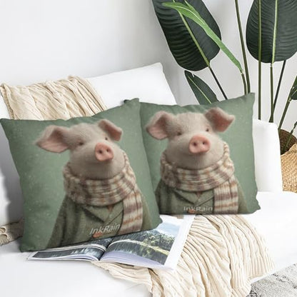 InkRain Winter Animal Cute Pig Pillow Cover 12x12 Inch Set of 2 Home Decor Decorative Cotton Linen Illustration Pillowcases for Living Room House Sofa