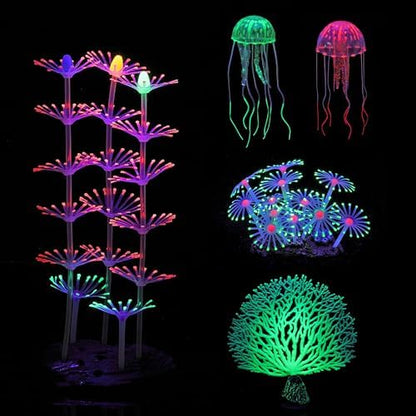 Lpraer 5 Packs Glow Aquarium Decorations Branch Coral Tree Glowing Jellyfish Simulation Glow Plant Glowing Effect Silicone for Fish Tank Decorations