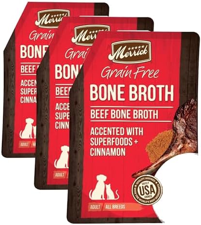 Merrick Grain Free Beef Bone Broth Dog and Cat Food Topper, Premium Grain-Free Complement, 16 oz. Pouch (Pack of 3)