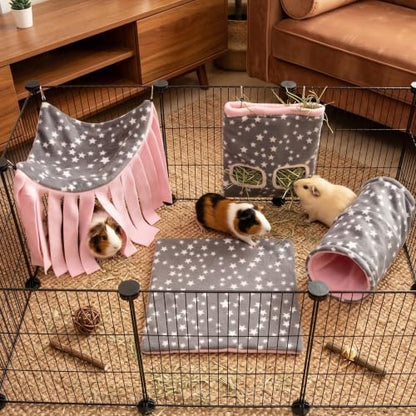 Guinea Pig Hideout, 4 Pack Tunnel & Mat & Corner Hide & Hay Bag