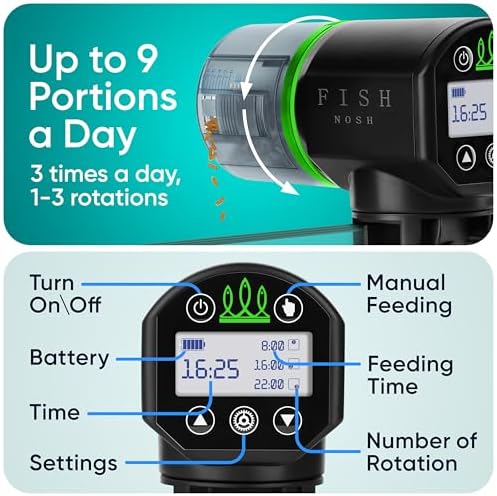 FISHNOSH Automatic Fish Feeder for Aquarium - New Generation 2026, Auto Food Dispenser with Timer for Small Tank, Big Aquariums & Pond (Green)