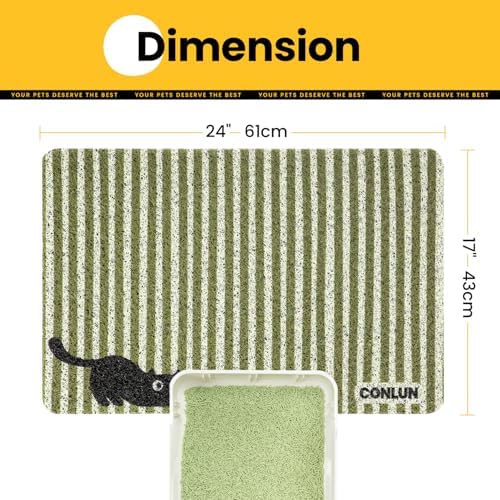 Conlun Cat Litter Mat Litter Trapping Mat, Premium Durable PVC Cute Cat Litter Box Mat, Non-Slip, Less Waste Kitty Litter Mat, Soft on Kitty’s Paws, 24”x 17” cat matts for litter, Green Stripe