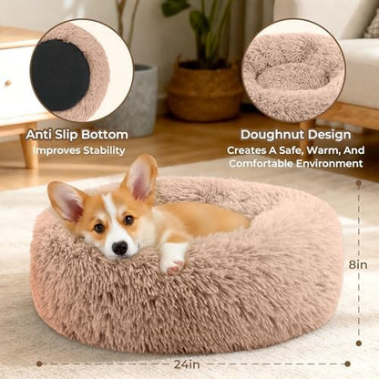 Calming Donut Dog Bed for Small Dogs, Anti-Anxiety Round Washable Plush Fluffy Faux Fur Large Cat Bed, 24 inches Fits up to 25 lbs Pets, Anti-Slip Waterproof Mute Base (Camel)