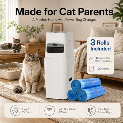 Neakasa PooGuard Plus Cat Litter Trash Can, 11.2L Odor-Control Litter Disposal Bin, Includes 1-Year Supply of EVOH Refill Bags (White)