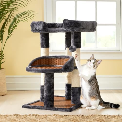 Multi-Level Cat Tree for Indoor Adult Cats, Modern Cat Tower with Double Beds & Scratching Posts, Cute Cat Tree Tower for Large Cats and Kitten, Small Cat Tree Tower with Hanging Toys, Grey