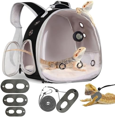 Reptile Travel Backpack Carrier with Reptile Thermometer and Humidity Gauge & Harness Leash Lizard Travel Cage Space Capsule Clear Bubble Window Astronaut Bearded Dragon Bag for Ball Python