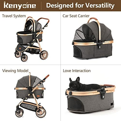 Kenyone Pet Stroller 3 in 1 for Medium Small Size Dogs Luxury Large Cat Stroller Detachable Carrier for Puppy, Kitty, Doggie (C510L Dark Gray)