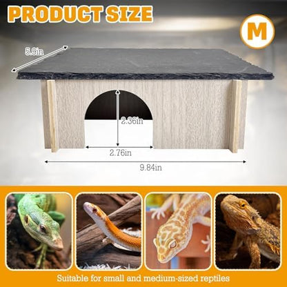 PINVNBY Bearded Dragon Basking Platform, Wood Reptile Hides and Caves, Crested Gecko Hide with Slate Rock, Leopard Gecko Tank Accessories for Small Lizard Snake (M: 9.84x5.9x2.76 inches)