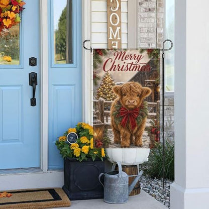 Merry Christmas Garden Flag 12x18 Inch Highland Cow Pine Wreath Red Bow Snowy Barn Plaid Vintage Farmhouse Outdoor Yard Lawn Front Porch Welcome Double Sided Banner Decor