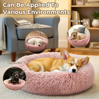 Calming Donut Dog and Cat Bed for Indoor Cats, Anti-Anxiety Round Fluffy Soft Washable Small Pet Bed for Puppy and Kitten, Warming Comfortable Luxury Anti-Slip Waterproof Mute Base 20in Pink