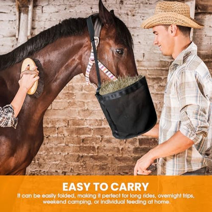 Horse Feed Bag, 2 Pack Heavy Duty Nylon Muzzle Grain Feed Bag with Adjustable Elastic Strap, Mesh Feed Bags with Durable Waterproof Bottom Muzzle Comfort Neck Pad for Horse