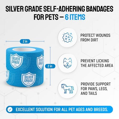 SILVER GRADE Vet Wrap for Horses, Cats, Birds & Other Animals – First Aid Dog Bandages for Wounds to Stop Licking & Scratching – 6 Rolls of Elastic Self-Adhering Bandages with Natural Rubber Latex