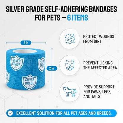 SILVER GRADE Vet Wrap for Horses, Cats, Birds & Other Animals – First Aid Dog Bandages for Wounds to Stop Licking & Scratching – 6 Rolls of Elastic Self-Adhering Bandages with Natural Rubber Latex