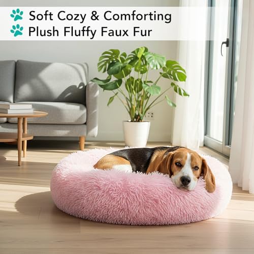 PetAmi Calming Donut Dog Bed, Washable Faux Fur, 30 Inch Medium, Pink