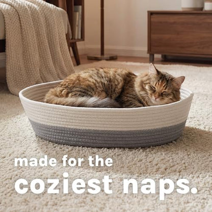 Kitty City Woven Cat Bed with Removable Washable Cushion, Cozy Braided Rope Indoor Cat Bed with Natural Catnip, Warm Round Cat Bed for Small to Medium Cats, 14” x 19" - White/Grey