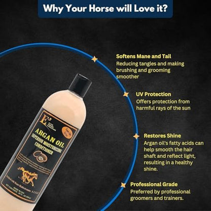 E3 Antibacterial Shampoo + E3 Argan Oil Conditioner Set for Horses and Dogs - Professional Grooming Duo (2 x 32 fl oz) - High-Shine, Detangling & Hydrating Formula for Manes, Tails, and Coats