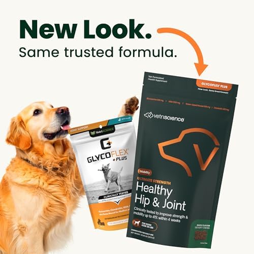 VetriScience Ultimate Strength Healthy Hip & Joint Chews, GlycoFlex Glucosamine, Chondroitin & GreenLipped Mussel Support Supplement for Dogs, Soothe Joint Discomfort, Duck,120 Ct (Pack of 2)