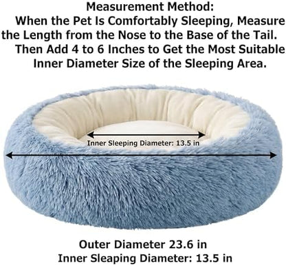 Calming Donut Pet Bed, Fluffy Long Fur Outer & Short Fur Inner, Sweat-Free & Cozy, Non-Slip Bottom, for Small Medium Dogs, Cats, Puppies & Kittens (Brown, 23.6 in)