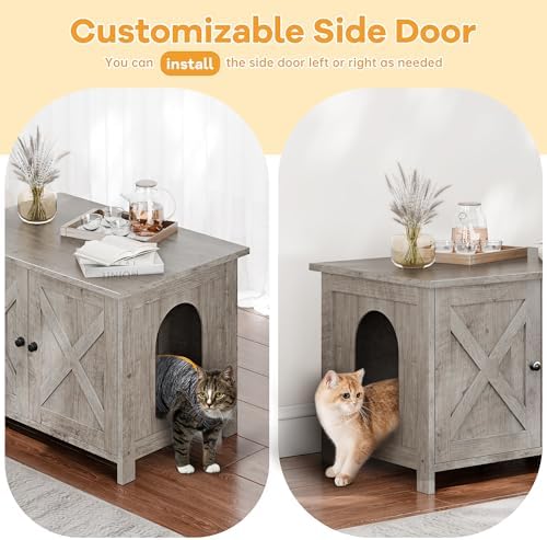 Shintenchi Cat Litter Box Enclosure, Litter Box Furniture Cabinet Hidden with Removable Divider, Wooden Cat House with End Table, Grey, 31.5 inch