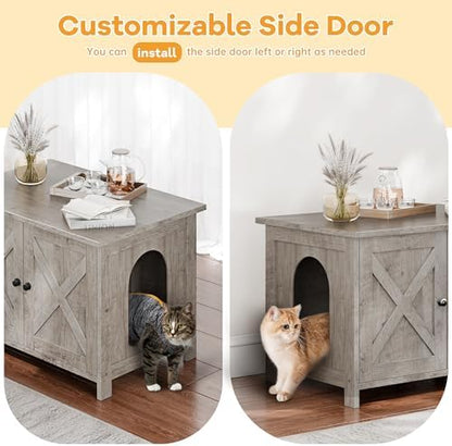 Shintenchi Cat Litter Box Enclosure, Litter Box Furniture Cabinet Hidden with Removable Divider, Wooden Cat House with End Table, Grey, 31.5 inch