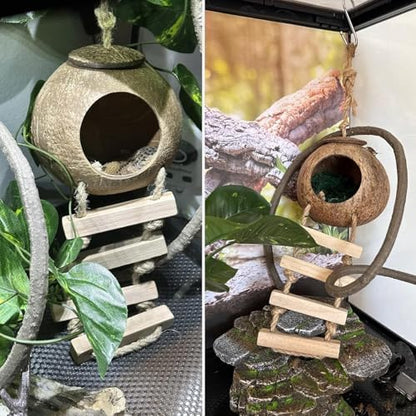 Crested Gecko Tank Accessories,Gecko Coconut Hut Hideout with Ladder Reptile Hammock Lizards Hanging Plants Flexible Climbing Jungle Vine Leaves Terrarium Decor
