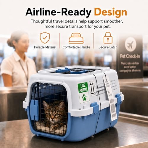 23" Airline Approved Cat Carrier Hard Shell, Dual-Entry Pet Carrier with Top & Front Doors, Detachable Food Bowl & Secure Lock, Breathable Dog Carrier for Cats & Small Dogs Up to 22 lbs - Blue