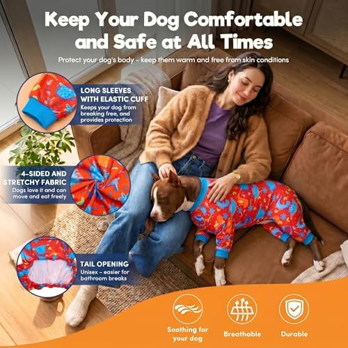 LovinPet Pitbull Dog Pajamas, PJs for Dogs, Dinosaur Jungle Red Print, XL