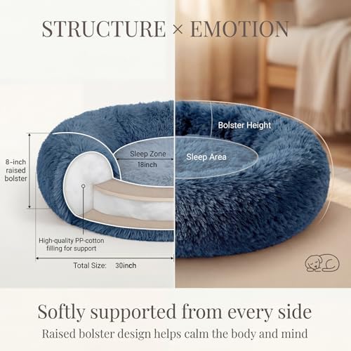 Calming Dog Bed for Medium Dogs Washable Donut 30 inches Anti-Slip Pet Bed,Round Fluffy Plush Faux Fur Cat Bed,Fits up to 45 lbs Pets,Navy Blue