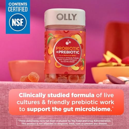 OLLY Probiotic + Prebiotic Gummy, 500 million CFUs, Peachy Peach - 60 Count