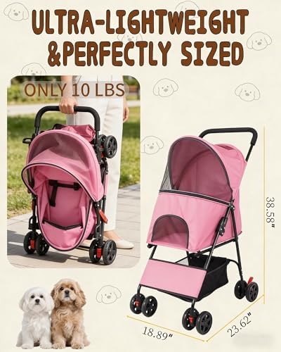 Pet Stroller for Small Dogs Cats, Lightweight Foldable Pink Dog Stroller