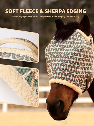 Tackmore Horse Fly Mask Without Ears, Breathable Structured Mesh for Horses, Soft Fleece Edging, UV Protection, Printed Turnout Mask for Pasture-Dark Green Print XL