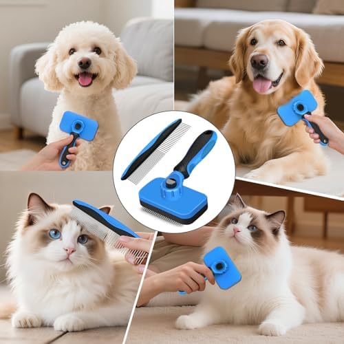 2PCS Self Cleaning Slicker Brush & Dog Comb - Skin Friendly Deshedding Grooming Tool for Dogs, Cats and Small Animals, Professional Deshedding Dematting Tool for Long and Short Haired Pets (Blue)