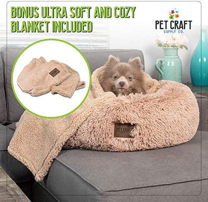 Pet Craft Supply Ultra Plush Calming Anti-Anxiety Pet Bed - Includes Super Soft Comfort Blanket - Great Medium Dog, Puppy and Cat Bed