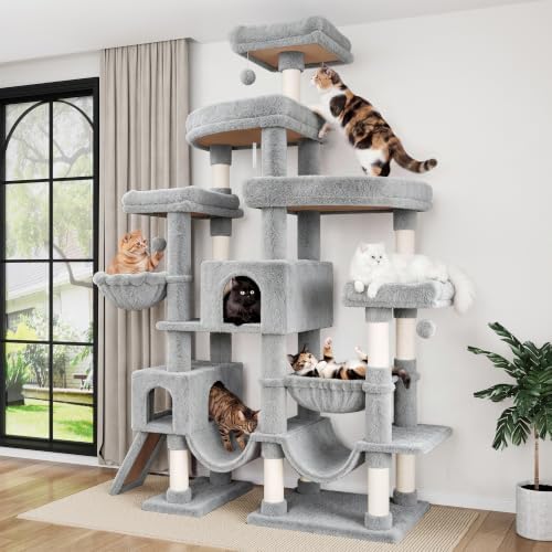 SHA CERLIN 83 in Cat Tree Tower for Indoor Adult Felines 20lbs+/Multi-Level Heavy Duty Cat Tower for Big Maine Coon/Giant Perches/Wide Baseboard/Sisal Scratching Posts/Cozy Condos/Light Grey