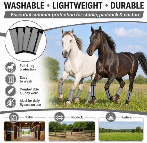 Fly Boots for Horses Set of 4 - Breathable Mesh Equine Leg Protection,Anti-Sag Stay-On Horse Fly Boots,Reduces Stomping & Fatigue,UV-Block, Adjustable Fit for Medium to Large Horses