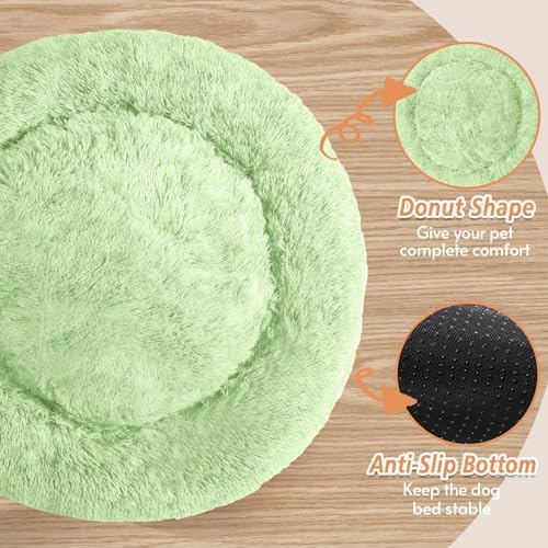 JOLLYVOGUE Calming Dog Bed Medium Size Dog, 31in Donut Washable Medium Pet Bed, Anti-Slip & Anti-Anxiety Fluffy Faux Fur Round Dogs Bed, Fits up to 45 lbs Pets (Light Green)