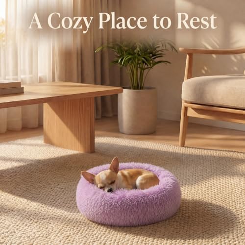 Tiny Dog Bed 15 Inch for Extra Small Dogs,Washable Puppy Bed,Soft Faux Fur Calming Donut Bed for Chihuahua Yorkie Maltese Pomeranian,Purple and White