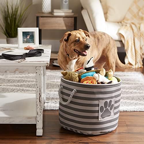 Bone Dry Pet Storage Collection Striped Paw Patch Bin, Medium Round, Gray
