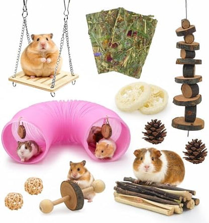 Guinea Pig Toys Kit with Pink Hamster Fun Plastic Tunnel Small Animals Chew Toys with Natural Timothy Hay Chips, 30 Pcs Hamster Cage Accessories for Gerbils, Rats, Mice, Ferrets (Pink)