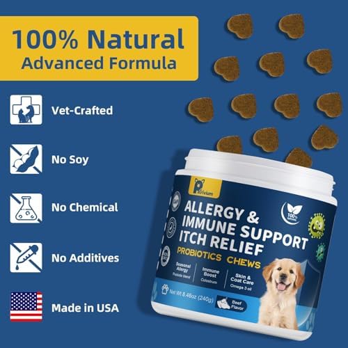 Dog Allergy Relief Chews, Helps Relieve Itchy Skin, Paw Licking & Ear Irritation, Dog Allergy Supplement with Probiotics for Skin & Immune Support, Colostrum & Fish Oil/Beef Flavor(Tan)