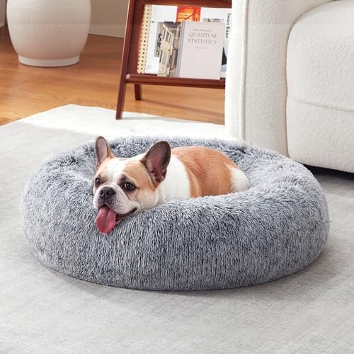 Donut Dog Bed Medium Size Dog, Round Cat Beds for Small Medium Dogs and Cats with Washable Fluffy Faux Fur, Cute Comfort Pet Bed with Anti-Slip Bottom, Grey, 20"