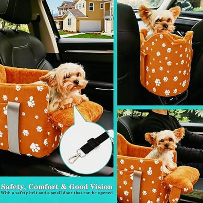 Center Console Dog Car Seat Safe Travel for Small Dogs Under 15 lbs Detachable Washable Pet Carrier with Storage Pockets & Safety Leash (Orange)