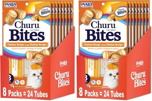 INABA Churu Bites for Cats,Grain-Free,Soft/Chewy Baked Chicken Wrapped Churu Filled Cat Treats with Vitamin E,1.05,(Pack of 16)