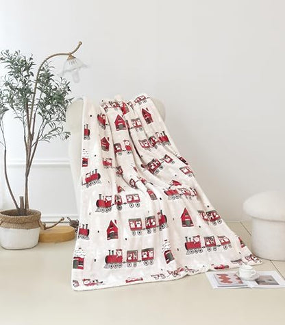 Elegant Comfort Reversible and Ultra-Plush Flannel Fleece-Winter Christmas Sherpa Throw- Lightweight Soft and Cozy-Holiday Decorative Throw, Perfect for Lounging, 50 x 60 inches, Santa Train